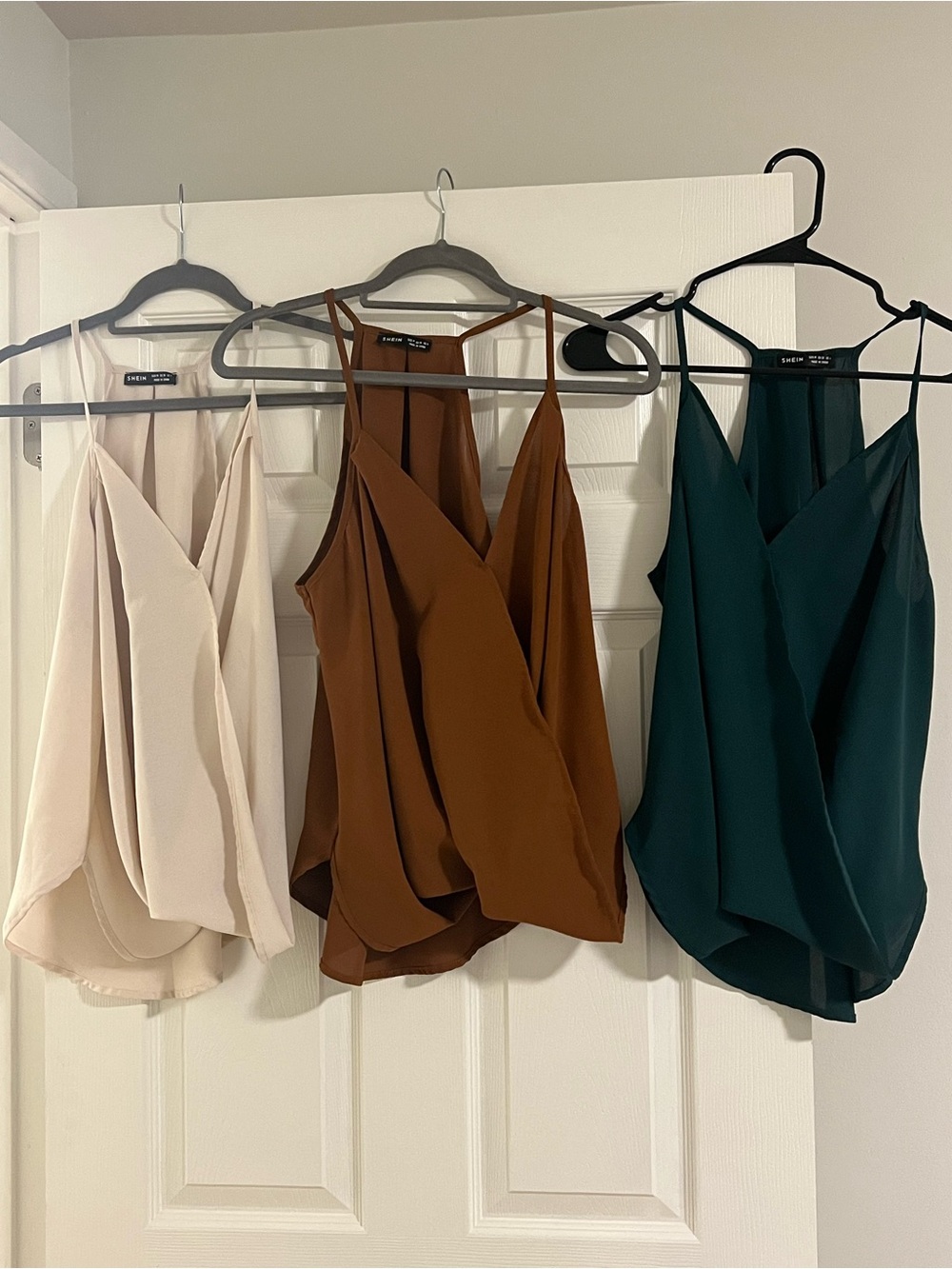 Draped V-Wrap Camisoles — Cream, Brown, Teal